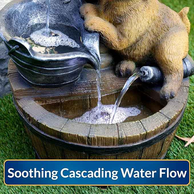 Alpine Corporation GXT986 26" Tall Outdoor Barrel Fountain with Playful Puppies, Cascading Garden Water Feature for Patio, Lawn, or Yard Decor, Brown