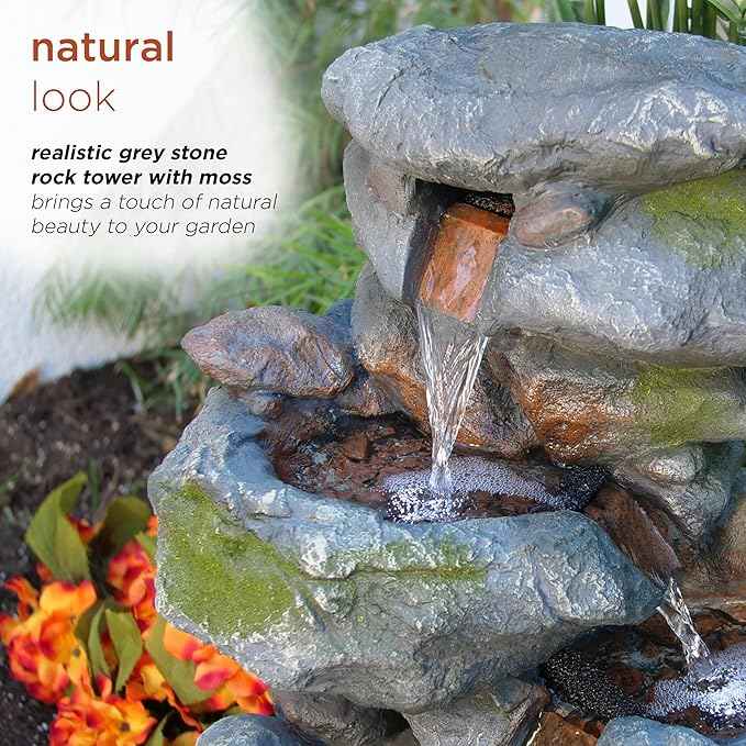 Alpine Corporation 22" Tall 3-Tier Outdoor Rock Waterfall Fountain with LED Lights, Natural Stone Look for Garden, Patio, Yard & Porch Decor, Gray