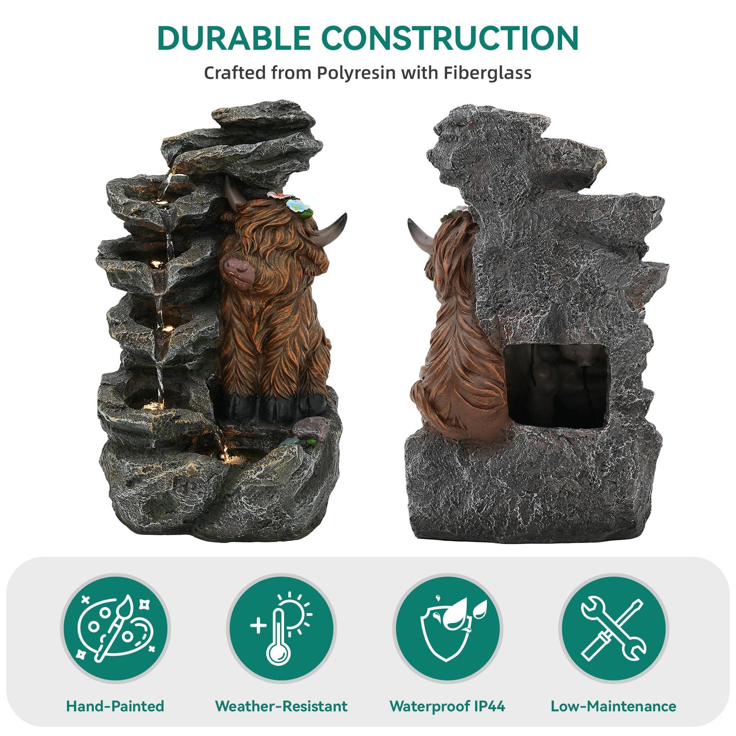 6 Tier Outdoor Water Fountain LED Waterfall with Highland Cow