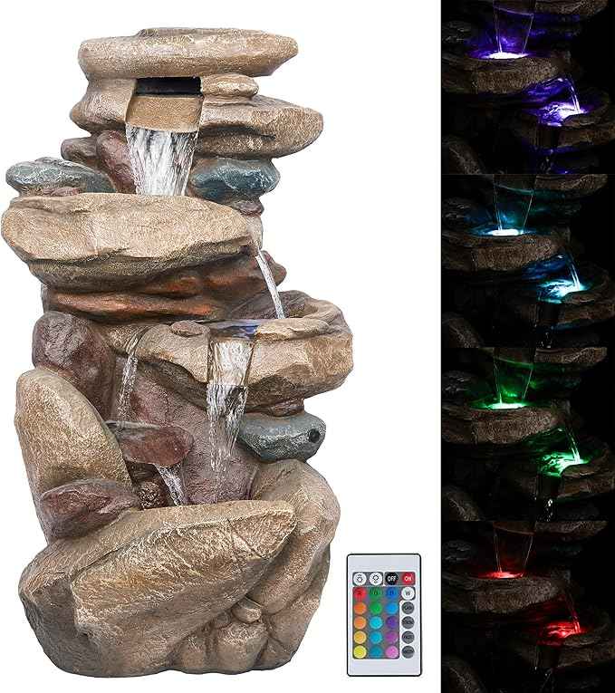 Alpine Corporation 40" Tall Floor Fountain, Tiered Rock Water Feature with Color-Changing LED & Remote, Cascading Streams for a Tranquil Garden, Patio, Yard, Deck, or Porch, Light Brown