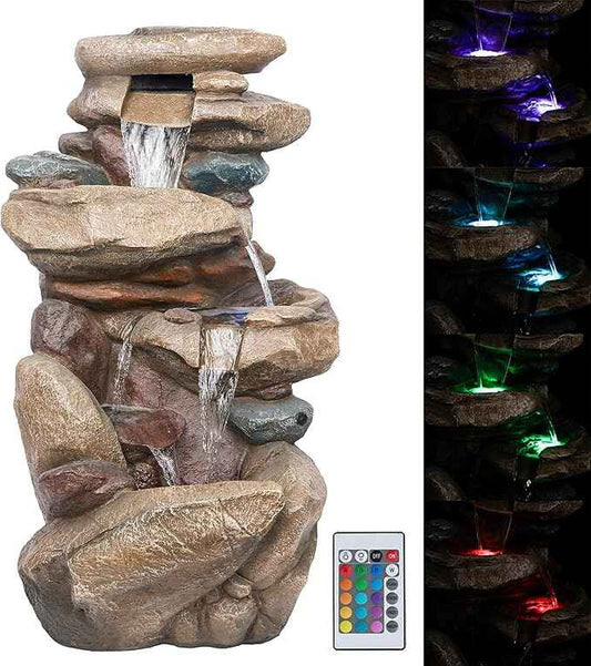 Alpine Corporation 40" Tall Floor Fountain, Tiered Rock Water Feature with Color-Changing LED & Remote, Cascading Streams for a Tranquil Garden, Patio, Yard, Deck, or Porch, Light Brown