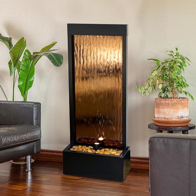 Alpine Corporation 48" Tall Indoor Modern Wall Mounted Zen Mirror Waterfall Floor Fountain with Stones and LED Lights Decor for Office, Living Room, Entryway, Bronze