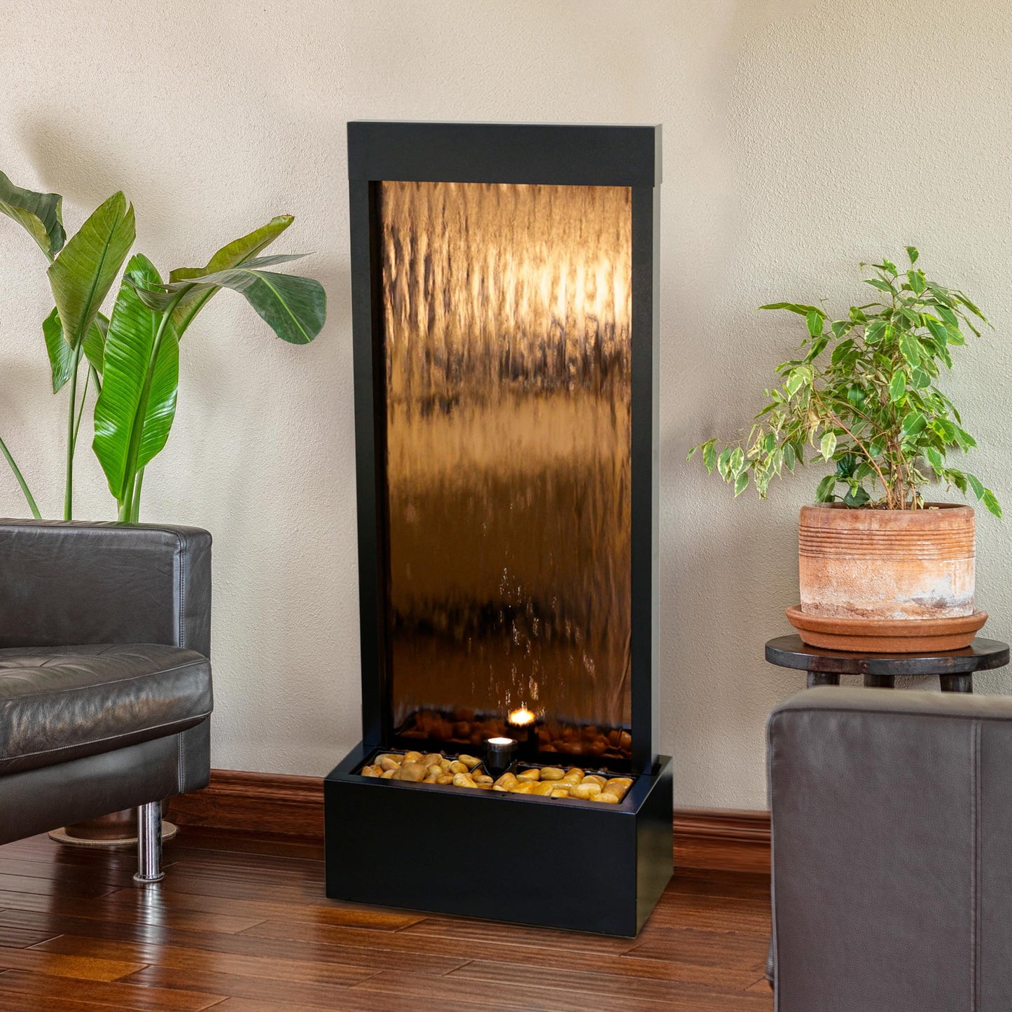 48" Tall Indoor Modern Wall Mounted Zen Mirror Waterfall Floor Fountain with Stones and LED Lights Decor for Office