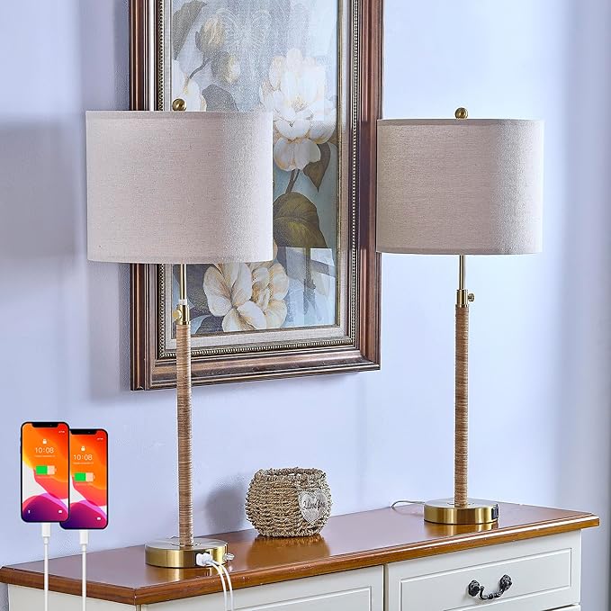 Maxax Rattan Buffet Table Lamp Set of 2 for Living Room, 26" to 33" Height Adjustable Tall Skinny Farmhouse Gold Bedside Nightstand Lamp with USB A+C Ports for Bedroom End Table