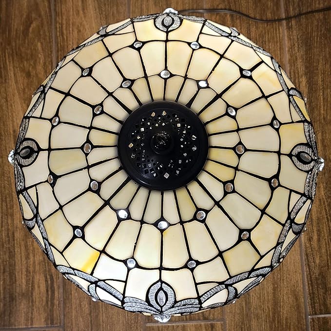 Tiffany Style Table Lamp Banker 24" Tall Stained Glass White Grey Jeweled Beads Vintage Antique Light Décor Living Room Bedroom Handmade Gift AM293TL16B Amora Lighting