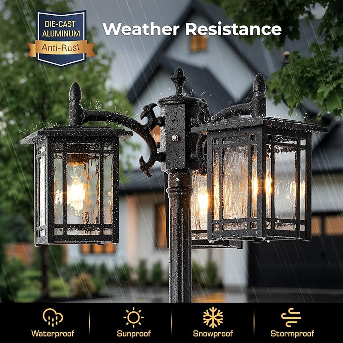 Outdoor Lamp Post Light Fixture, Black Dusk to Dawn Lamp Posts with Outlet, 3-Head Street Lamps Outdoor Lighting, Waterproof Outside Post Lights Hardwired, Anti-Rust Outside Pole Light for Yard