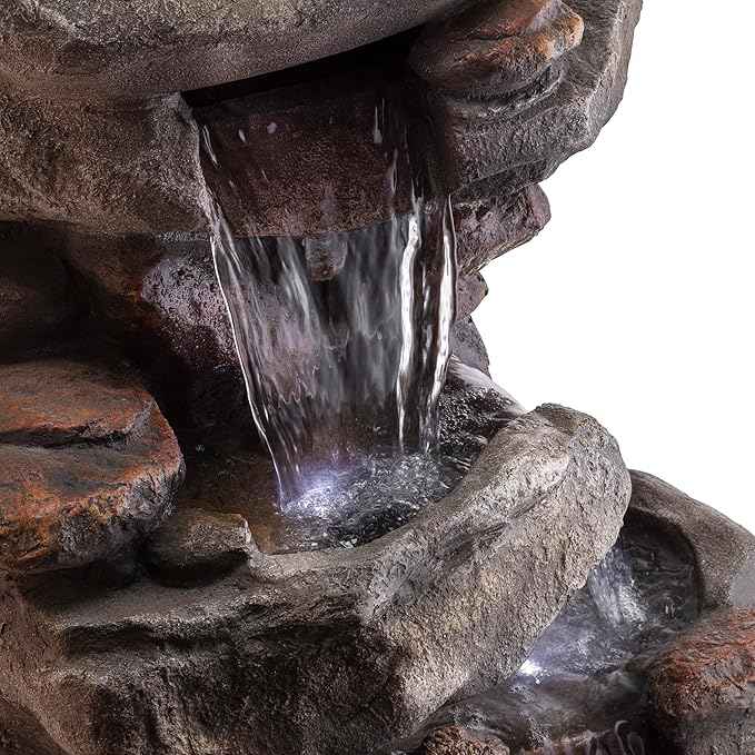 Alpine Corporation | 40" 4-Tier Rock Floor Fountain with Cascading Water & White LED Lights, Tranquil Outdoor Water Feature for Garden, Patio, Yard & Deck, Light Gray
