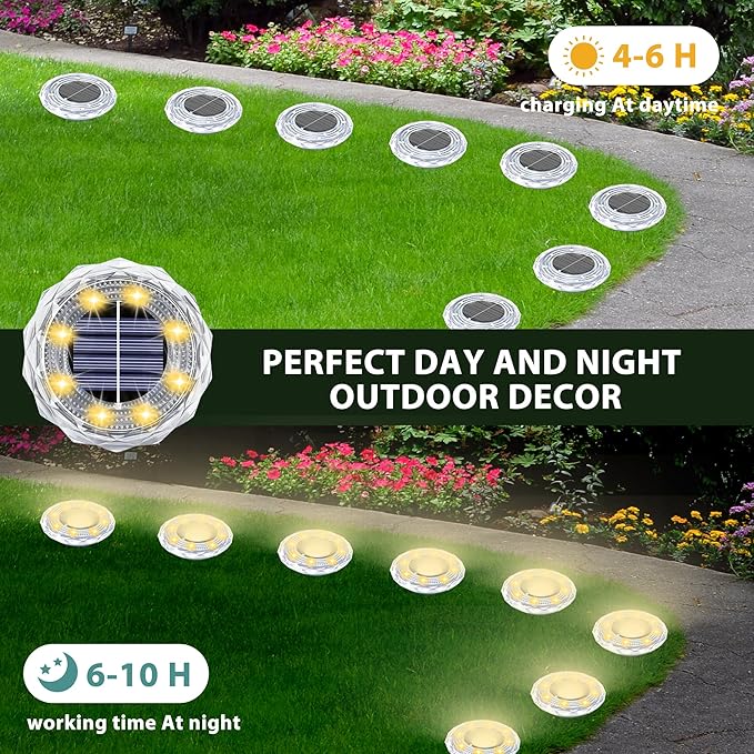 Solar Ground Lights 12 Pack Waterproof Outdoor LED Solar Garden Lights Bright Solar Powered Disc Light In-Ground Landscape Lighting for Patio Pathway Walkway Driveway, Warm White