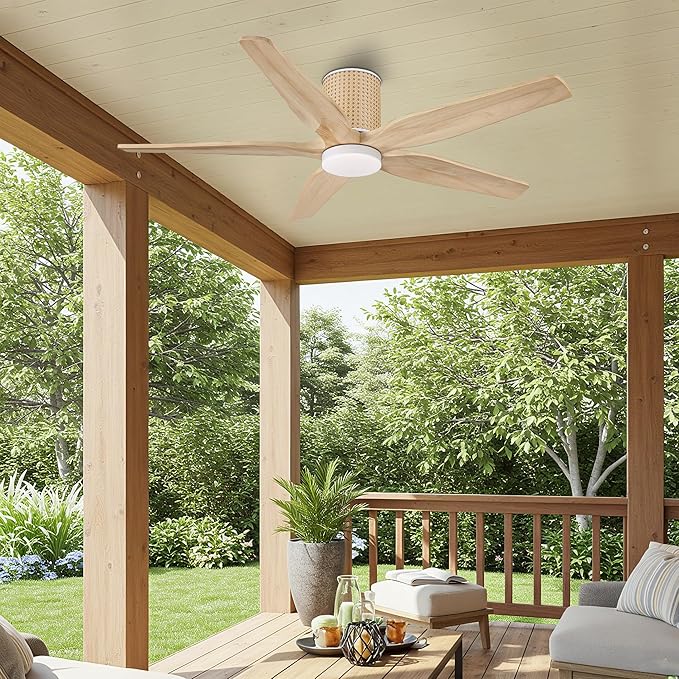 54" Ceiling Fan with Light - Low Profile Flush Mount Ceiling Fan, 6-Speed Remote Control, Solid Wood, Quiet Reversible DC Motor, Wood/White Finish, for Bedroom, Living Room, Porch - Aura Lighting
