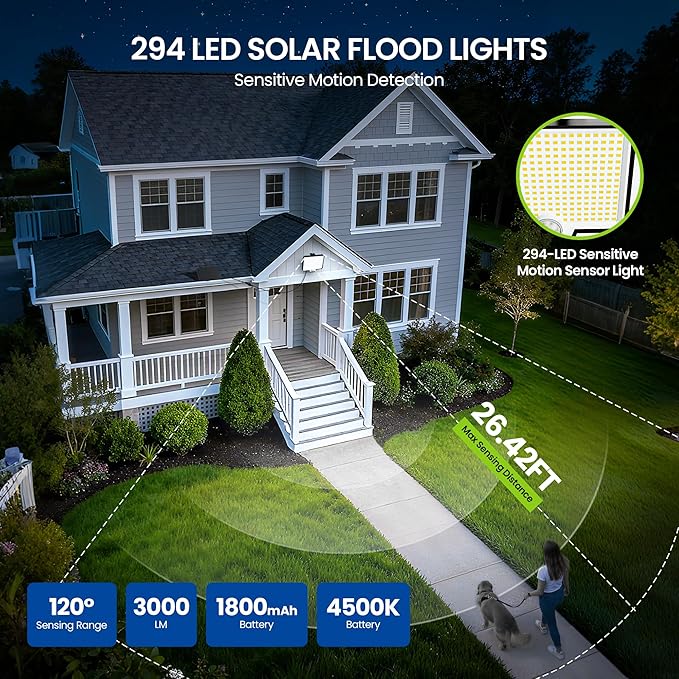 Solar Flood Lights Outdoor, 294 LED Motion Sensor Outdoor Lights, IP67 Waterproof Solar Flood Light for Outside, 3000LM Angle Adjustable Security Spot Lights for Porch Patio Yard Garage, 2 Pack 7500K