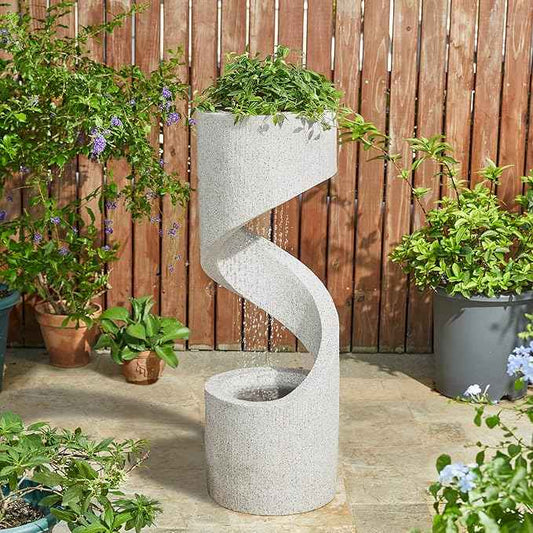 Glitzhome Outdoor Water Fountain with LED Light, Modren Curved Waterfall Fountain with Stone Planter, Faux Terrazzo Spiral Shaped Outdoor Fountains Water Feature for Garden Patio Deck Porch, 40.25”H