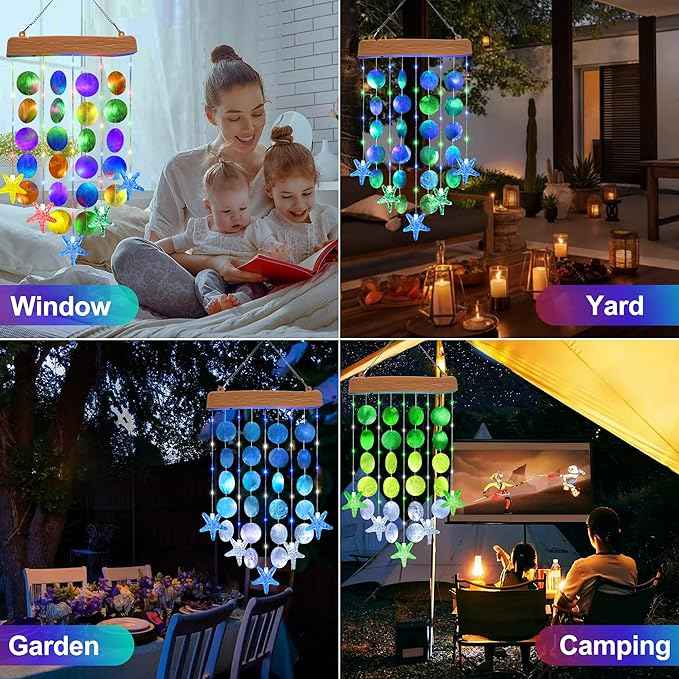 Toodour Solar Wind Chimes for Outside, Birthday Gifts for Women Mom Grandma, Waterproof 2 Modes Shells Solar Powered Outdoor Lights for Patio Holiday Garden Porch Yard Outdoor Decor - Blue & Green