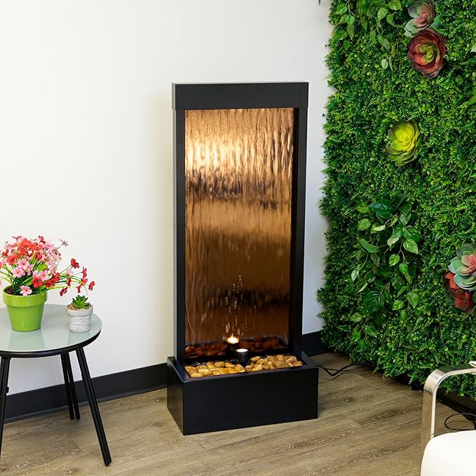 Alpine Corporation 48" Tall Indoor Modern Wall Mounted Zen Mirror Waterfall Floor Fountain with Stones and LED Lights Decor for Office, Living Room, Entryway, Bronze