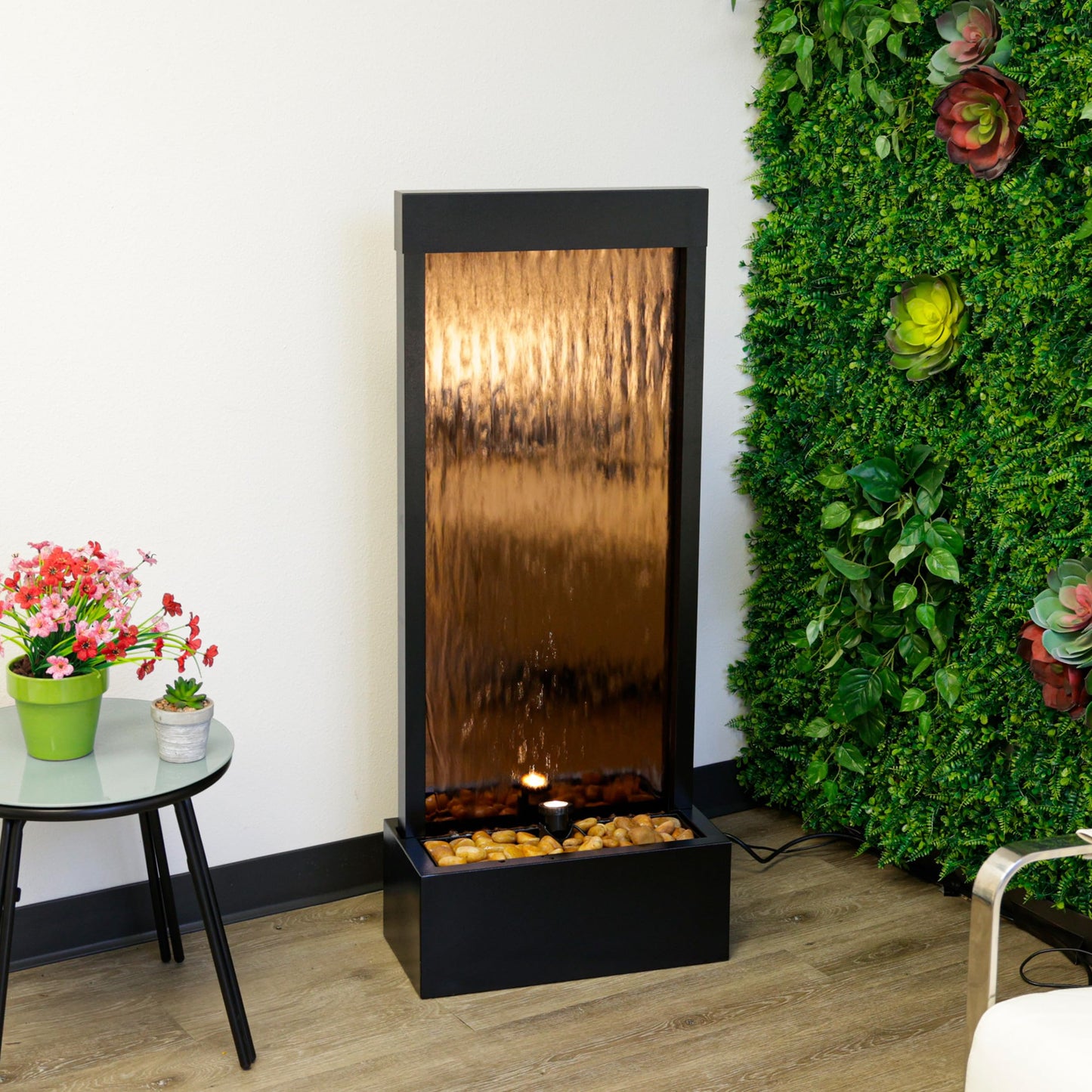48" Tall Indoor Modern Wall Mounted Zen Mirror Waterfall Floor Fountain with Stones and LED Lights Decor for Office
