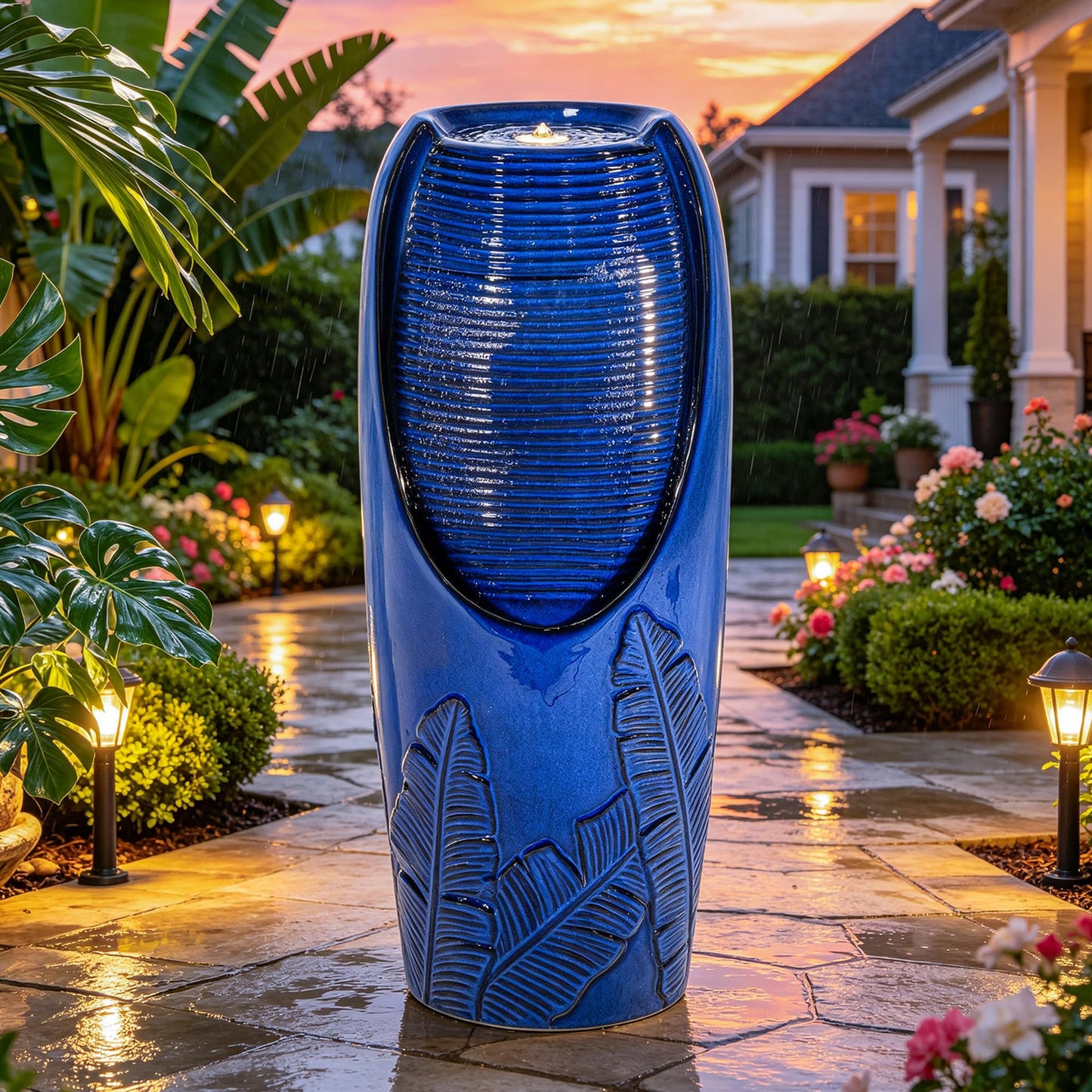 Autodaya 33" H Ceramic Jar Outdoor Water Fountain with Lights