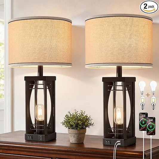 SRJJA Farmhouse Table Lamps Set of 2 for Living Room, Rustic Nightstand Lamps with USB A+C Charging Ports, 22.5" Dual Light Industrial Bedside Lamp with Linen Shade for Bedroom End Tables