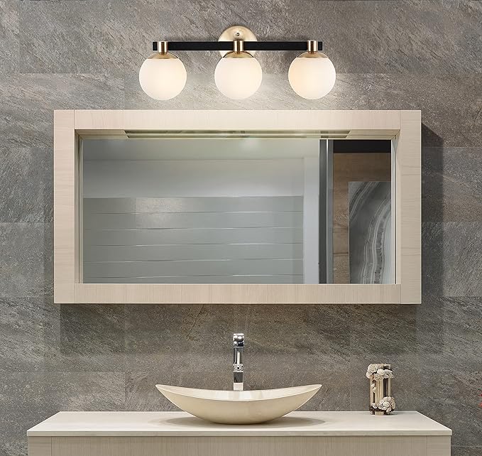 JONATHAN Y 5.75" Brass Gold/Black Modern Globe LED Vanity Wall Sconce Light, White Frosted Glass Shade, Mid-Century Art Deco Wall Lamp for Bathroom, Kitchen, Hallway (JYL3542A)