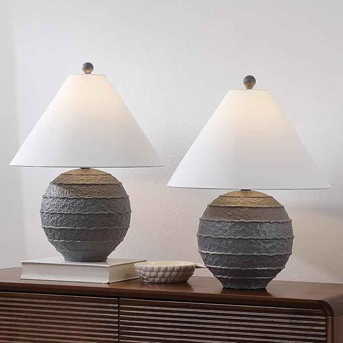 JONATHAN Y 21" Gray Coastal Cottage Textured Resin Table Lamp Set of 2, Farmhouse Ridged Nightstand Lamps for Living Room Bedroom, White Linen Shade, LED Bulbs (JYL9205B-SET2)