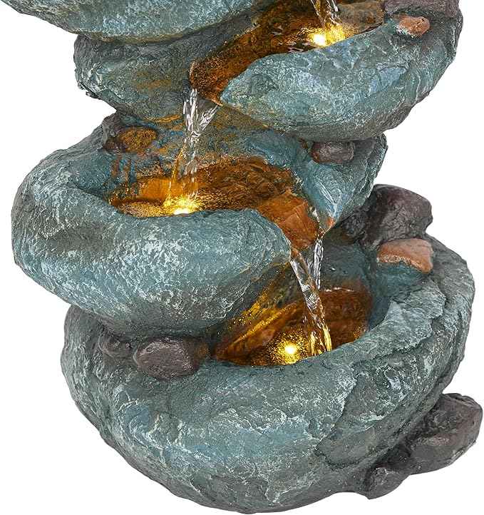 Alpine Corporation TZL418 14" 3 Tier Rock Fountain with LED Lights, Elegant Cascading Water Feature for Tabletop, Indoor Decor, Relaxing Stone Waterfall for Home & Office, Gray