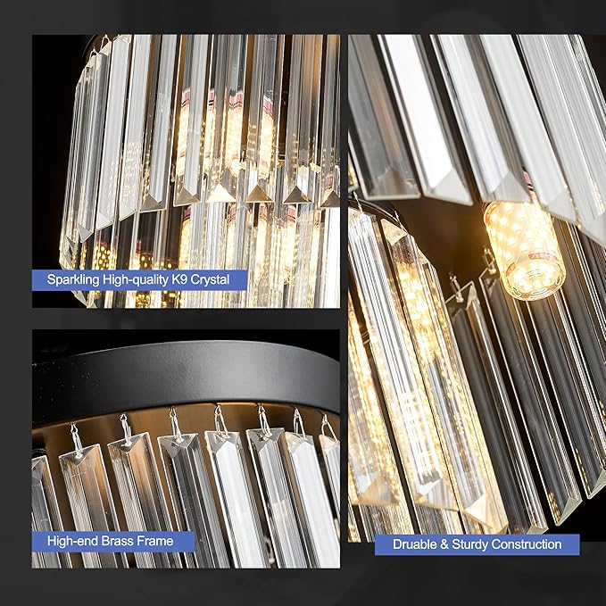 12.6" Black Crystal Ceiling Light 4-Light Modern Fixture 2-Tier Luxury K9 Crystal, for Dining Room Kitchen Island Living Room Bedroom - Aura Lighting