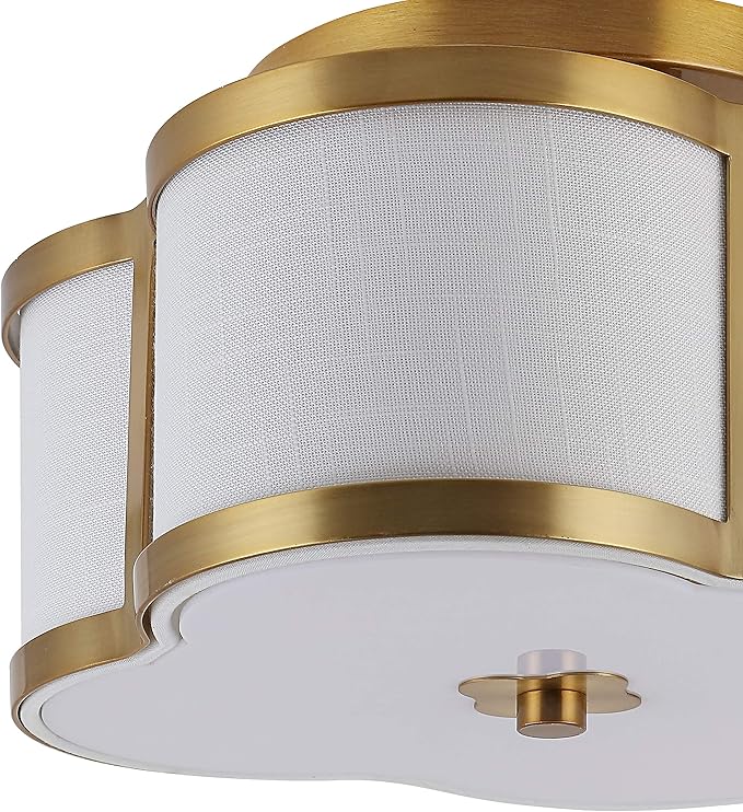JONATHAN Y 13" Brass Gold Modern Scalloped LED Flush Mount Ceiling Light Fixture, White Linen Shade Quatrefoil Chandelier for Bedroom Living Room Kitchen Hallway Foyer (JYL9507B)