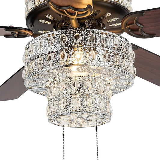 RIVER OF GOODS Double-Lit LED Ceiling Fan with Crystal Chandelier - 52" L x 52" W - Mahogany/Antique Black Fan Blades