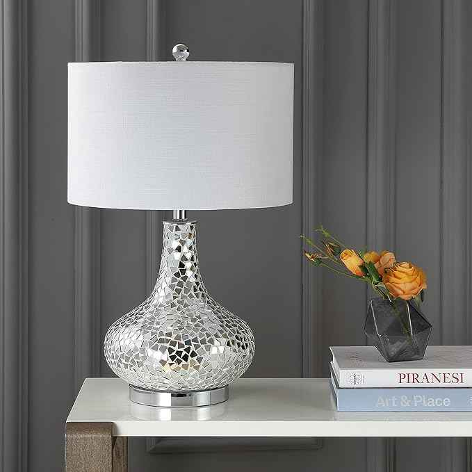 JONATHAN Y JYL1056A Emilia 26" Mirrored Mosaic LED Table Lamp Contemporary Glam Bedside Desk Nightstand Lamp for Bedroom Living Room Office College Bookcase LED Bulb Included, Silver