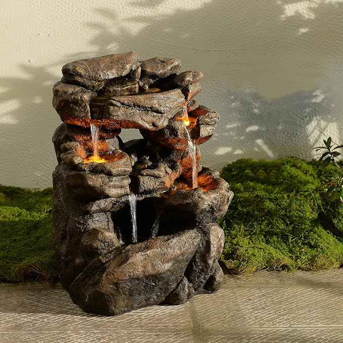 Outdoor Waterfall Fountain 20.5" Tiered with LED Lights, Natural Rock Design, Weatherproof Resin – Waterfall Fountain for Garden, Patio, Yard 24393