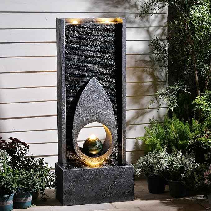 46.5" H Large Indoor Water Fountains - Modern Rectangular with Sphere - Waterfall Fountain for Indoor or Outdoor with LED Lights and Pump for Deck, Patio, Porch, Garden, Yard Decor