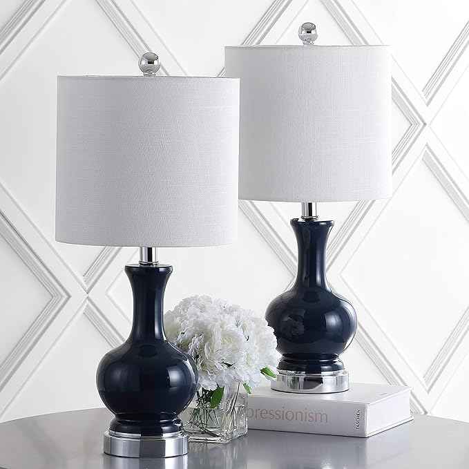 JONATHAN Y 21.5" Navy/Chrome Modern Glass Table Lamp Set of 2, Brass Gold Bedside Lamp with White Linen Shade for Bedroom Living Room, LED Bulbs Included (JYL4033C-SET2)