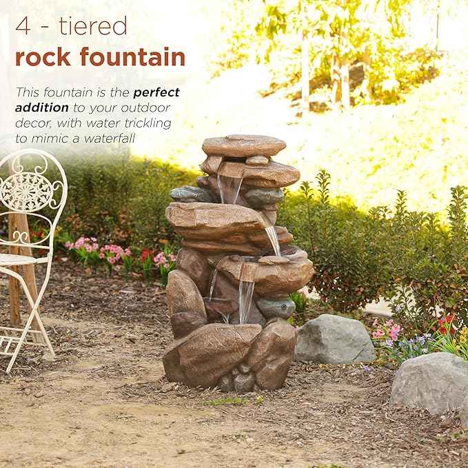 Alpine Corporation 40" Tall Floor Fountain, Tiered Rock Water Feature with Color-Changing LED & Remote, Cascading Streams for a Tranquil Garden, Patio, Yard, Deck, or Porch, Light Brown