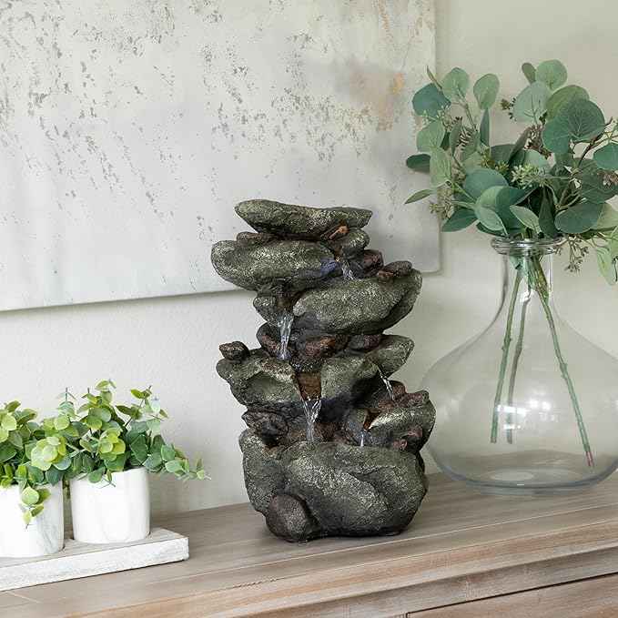 Alpine Corporation TZL154 14" Indoor Tabletop Rainforest Rock Water Fountain with LED Lights, Tiered Desktop Fountain for Home and Office Décor, Gray