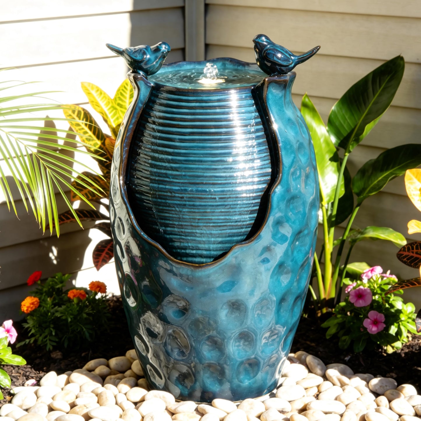 Autodaya 25" H Jar Ceramic Outdoor Water Fountain with LED Lights and Birds