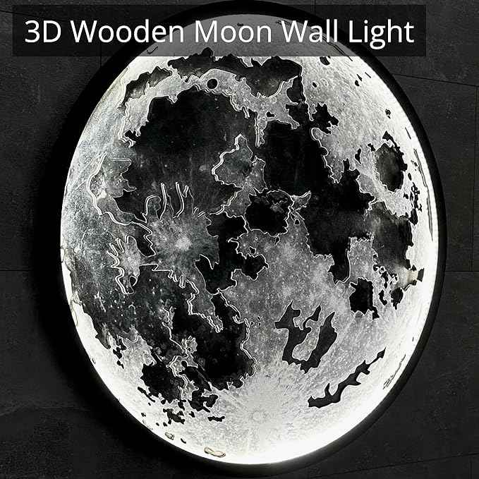 JUST Like Wood LED Dimmable Moon Wall Light with Remote Control - Large Moon Wall Sconce Plug in - Lighted Wall Art - Unique Celestial Home Decor (with Acrylic Glass, 60cm/23.6'')