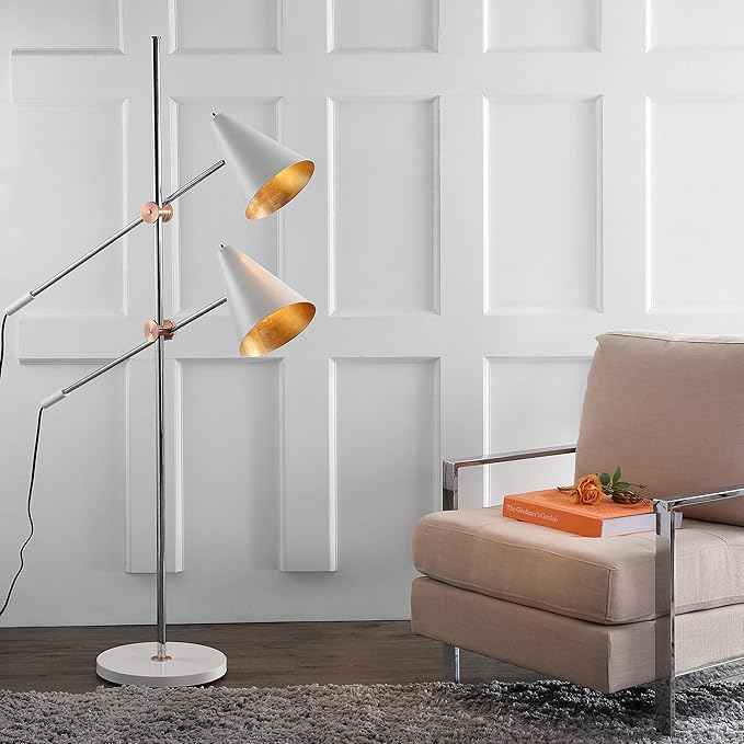 SAFAVIEH Lighting Collection Reed Modern Contemporary Scandinavian Retro Chrome/ White 71-inch 2-light Living Room Bedroom Home Office Standing Tree Floor Lamp (LED Bulbs Included)