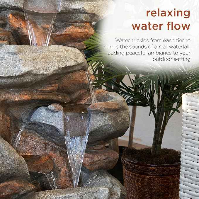 Alpine Corporation | 40" 4-Tier Rock Floor Fountain with Cascading Water & White LED Lights, Tranquil Outdoor Water Feature for Garden, Patio, Yard & Deck, Light Gray