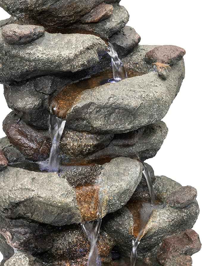 Alpine Corporation TZL154 14" Indoor Tabletop Rainforest Rock Water Fountain with LED Lights, Tiered Desktop Fountain for Home and Office Décor, Gray