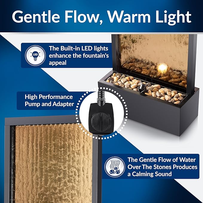 Alpine Corporation 72" Tall Indoor/Outdoor Mirror Waterfall Floor Fountain, LED Lights & River Stones, Elegant Bronze Finish for Home, Office, Patio & Entryway Decor