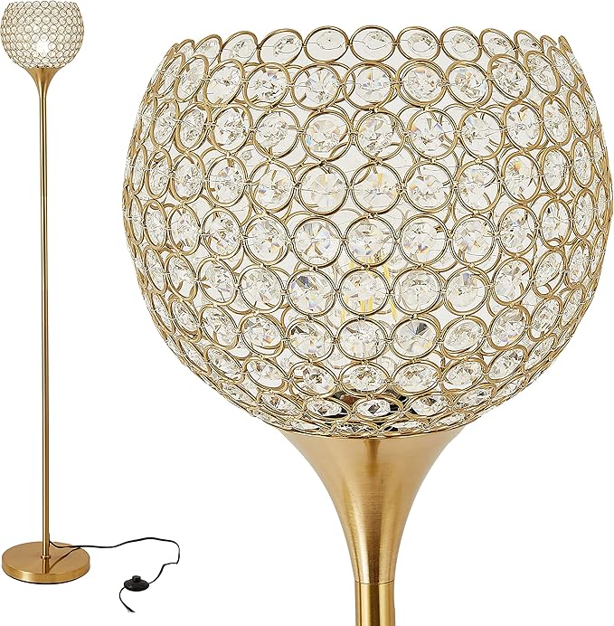 DFL Spherical Gold Crystal Floor Lamp, 8.7 inch Modern Standing Lamp with Elegant Shade , Tall Pole Accent Lighting for Living Room,Girl Bedroom, Dresser, Office, Foot Switch, LED Bulb Included - Aura Lighting
