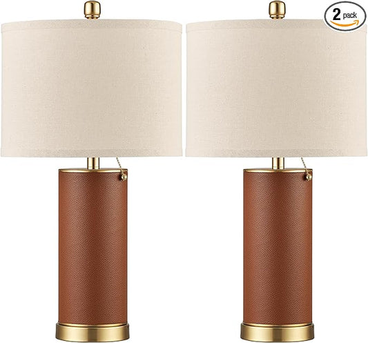KDG 23.4" Brown PU Leather Table Lamps for Living Room Set of 2, 3 Level Brightness LED Modern Home Decor Fabric Lampshade Desk Lamp Lighitng for Bedroom, Bedside, Farmhouse, Nightstand, Night Light