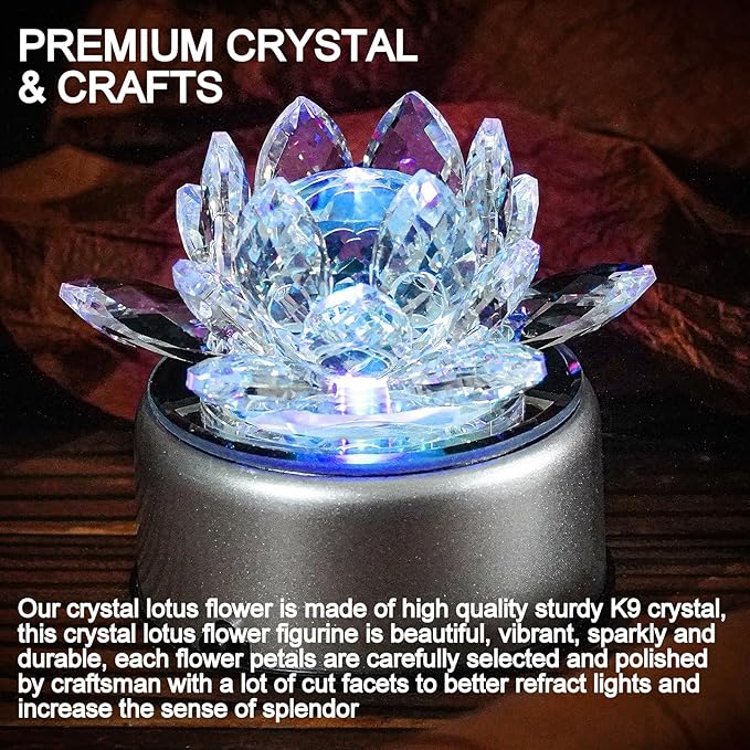 Crystal Lotus Night Light - Crystal LED Light 7 Color Change Rotating Base for Bedroom Table Desktop Bedside Electric Altar Light Buddha lamp Lotus Flower Ornament Great Gift Idea