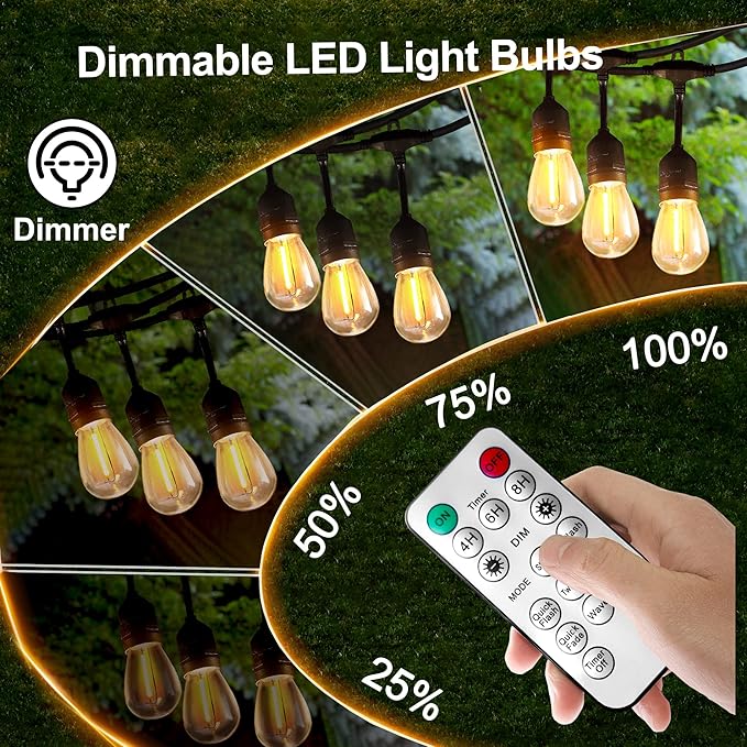 100FT Solar String Lights Outdoor Waterproof with Remote Control Solar Patio Lights 30+2 shatterproof LED E26 S14 Bulbs for Porch Garden Market Bistro Patio Backyard Fence