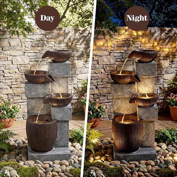 Giantex 32'' Water Fountain Outdoor, 4-Tier Cascading Bowls Waterfall Fountain with Warm LED Lights & Pump, Outside Zen Water Feature for Patio, Balcony, Deck, Garden, Yard Decor
