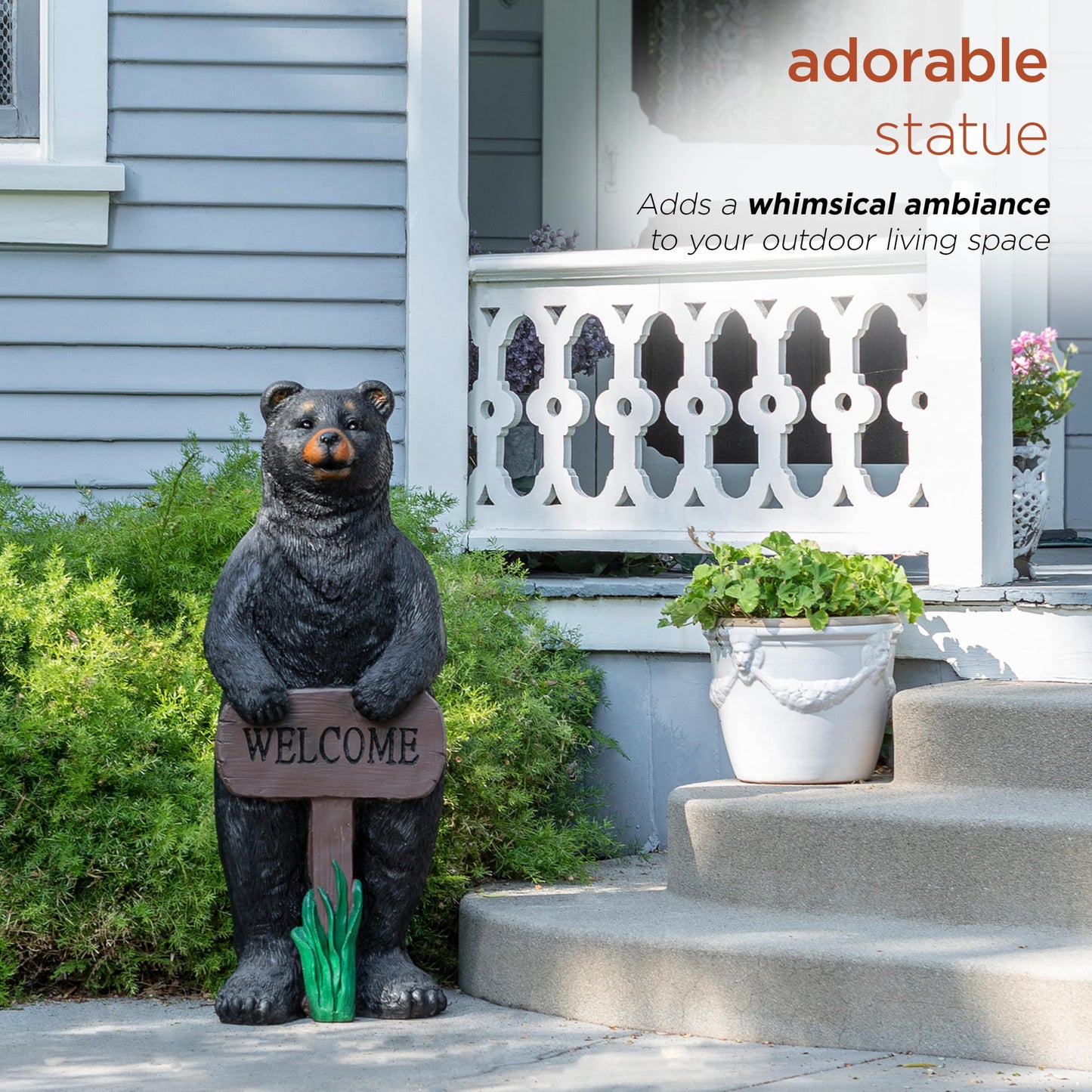 36" Tall Outdoor Standing Black Bear with Welcome Sign Yard Statue Decoration
