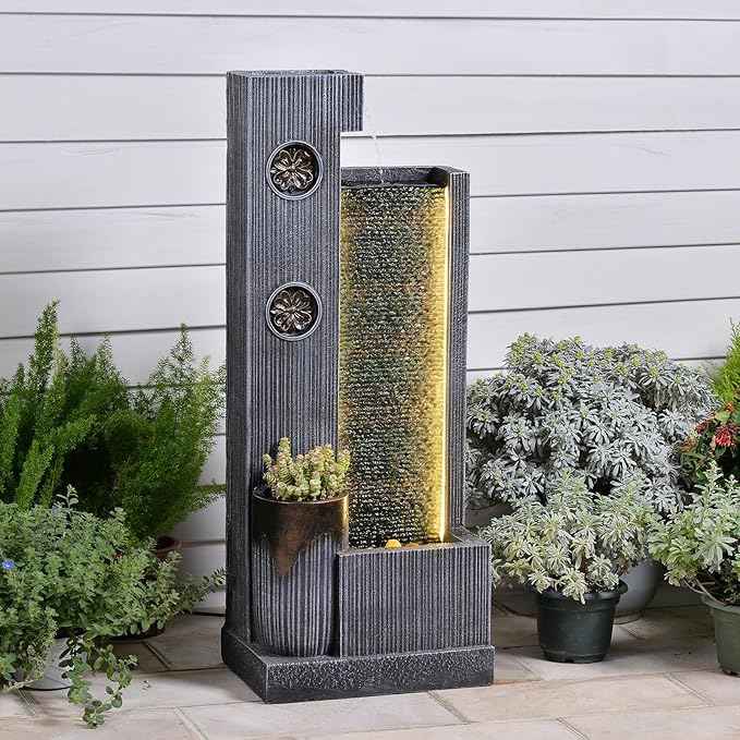 37" H Modern Indoor Water Fountains - Rectangular Outdoor Waterfall Fountain with LED Lights and Pump and Sculpted Flowers for Office, Living Room, Bedroom, Garden and Home Art Decor