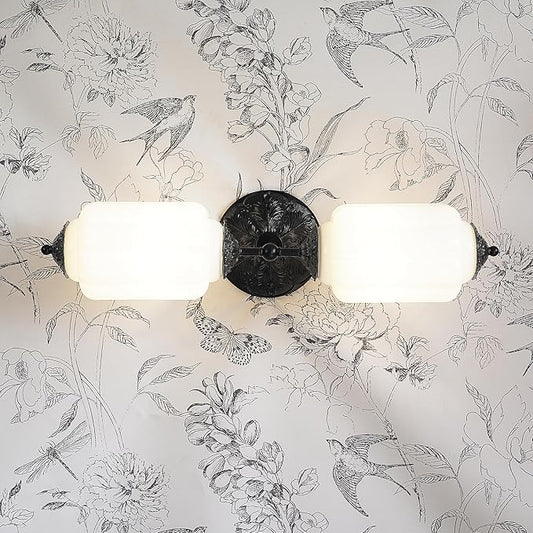 Vintage Milk Glass Bathroom Vanity Light - 2-Light Wall Sconce with Brass Finish Base & Green Glass Shade - Wall Sconce Lighting for Mirror, Kitchen, Living Room, Gallery (Bulbs Included) (white)