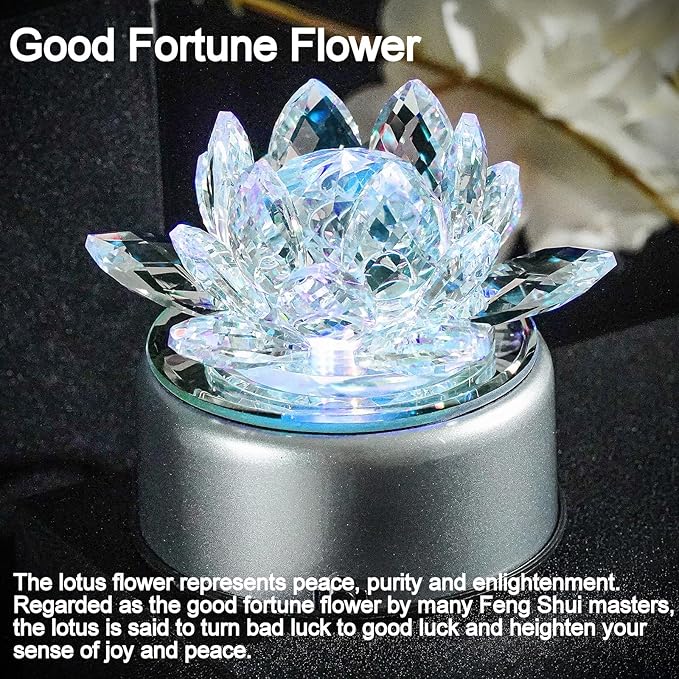 Crystal Lotus Night Light - Crystal LED Light 7 Color Change Rotating Base for Bedroom Table Desktop Bedside Electric Altar Light Buddha lamp Lotus Flower Ornament Great Gift Idea