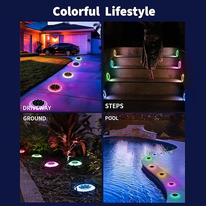 Solar Dock Lights, Color Changing 48 LEDs Super Bright Disc Driveway Light, Outdoor Waterproof Flat Low Profile, Anti-Trip&Anti-Slip for Marine, Ground, Pool, Pier, Deck (RGB-W, 8Pack)