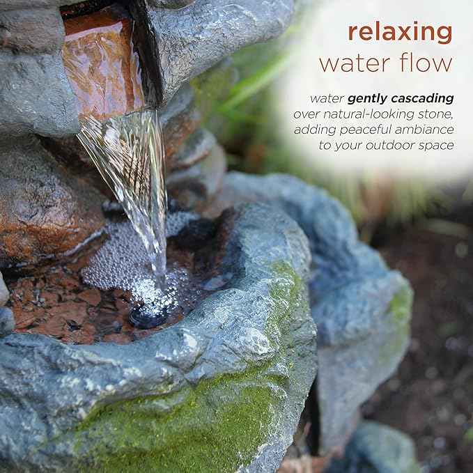Alpine Corporation 22" Tall 3-Tier Outdoor Rock Waterfall Fountain with LED Lights, Natural Stone Look for Garden, Patio, Yard & Porch Decor, Gray