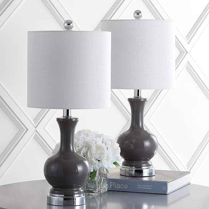 JONATHAN Y 21.5" Gray/Chrome Modern Glass Table Lamp Set of 2, Brass Gold Bedside Lamp with White Linen Shade for Bedroom Living Room, LED Bulbs Included (JYL4033B-SET2)